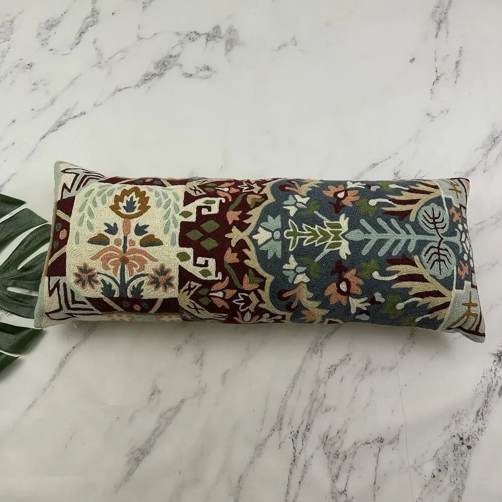 Anthropologie Embroidered Lumbar Decorative Pillow Pink Blue Boho Floral Long